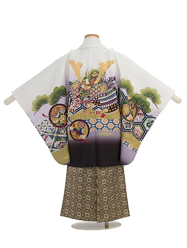 かんたん七五三レンタル(5歳6歳男児) 0706 白 兜／黒金ぼかし袴