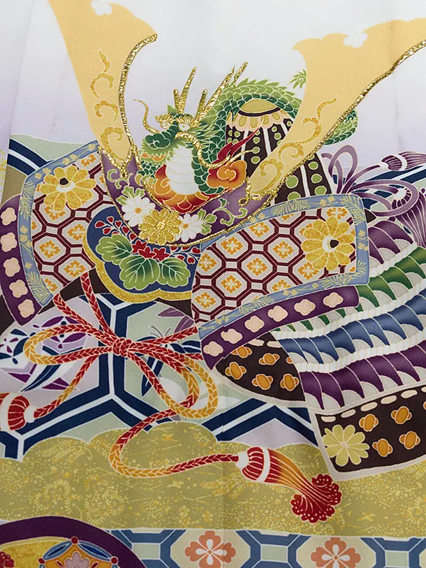 かんたん七五三レンタル(5歳6歳男児) 0706 白 兜／黒金ぼかし袴