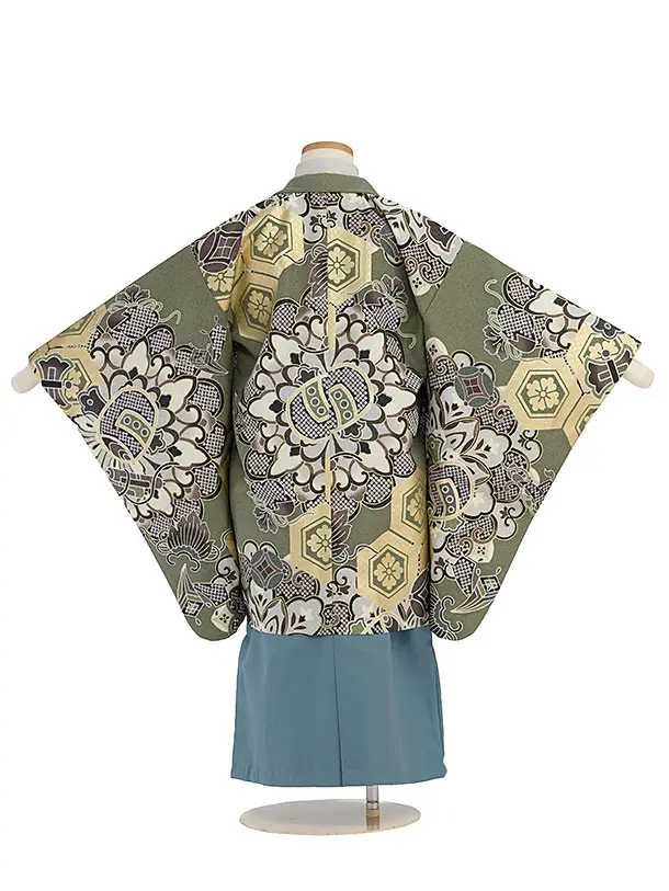 簡単七五三レンタル(5歳6歳男児) 0707 モスグリーン 亀甲／ブルーグレー袴