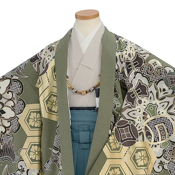 簡単七五三レンタル(5歳6歳男児) 0707 モスグリーン 亀甲／ブルーグレー袴