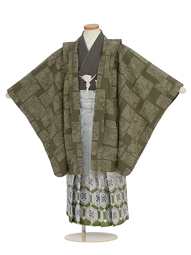 簡単七五三(7歳男児)0715淡グレーグリーン 石畳柄／シルバーグリーン花亀甲袴
