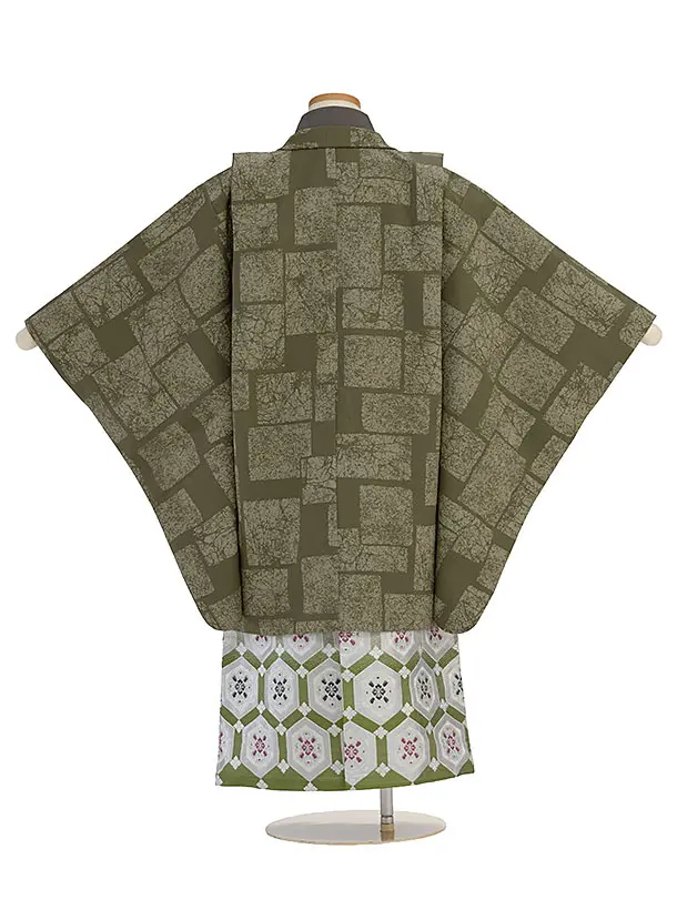 簡単七五三(7歳男児)0715淡グレーグリーン 石畳柄／シルバーグリーン花亀甲袴