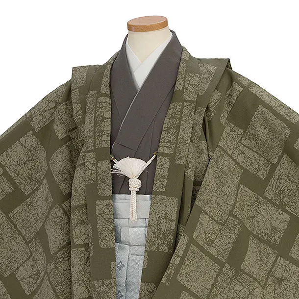 簡単七五三(7歳男児)0715淡グレーグリーン 石畳柄／シルバーグリーン花亀甲袴