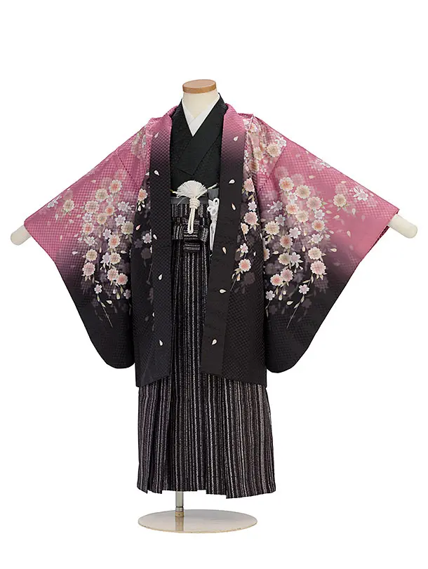 かんたん七五三(5歳6歳男児) 0717 黒×ピンク 桜／黒地縞ドット袴