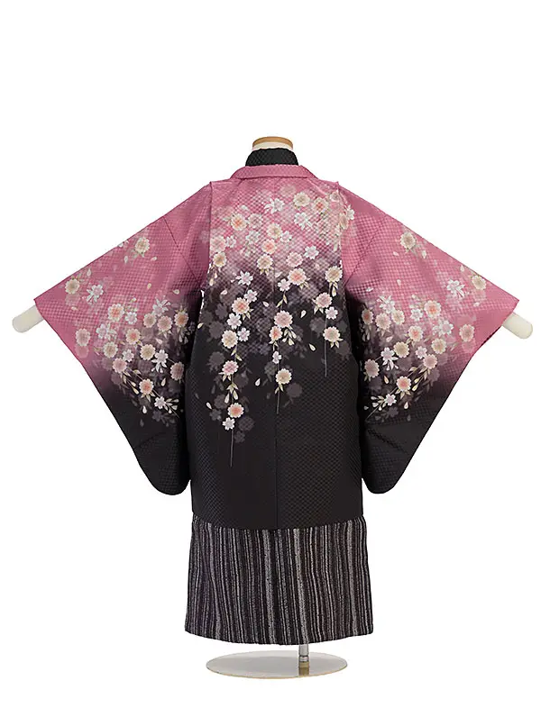 かんたん七五三(5歳6歳男児) 0717 黒×ピンク 桜／黒地縞ドット袴