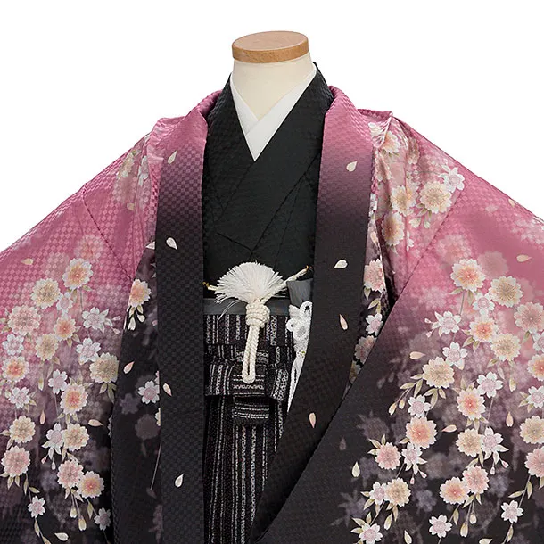 かんたん七五三(5歳6歳男児) 0717 黒×ピンク 桜／黒地縞ドット袴