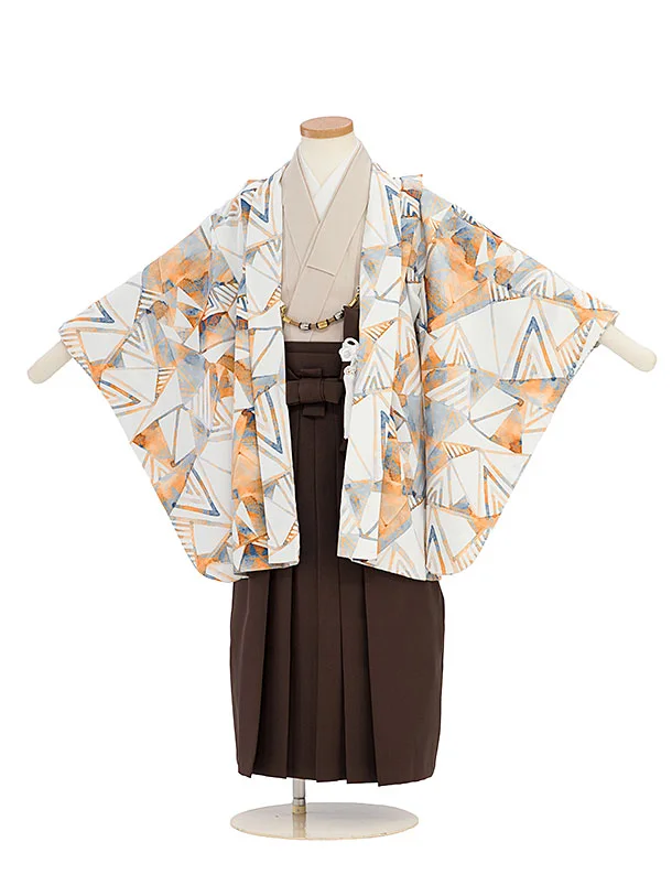 かんたん七五三(5歳男児) 0723 白地 水彩画風幾何学模様／茶色袴