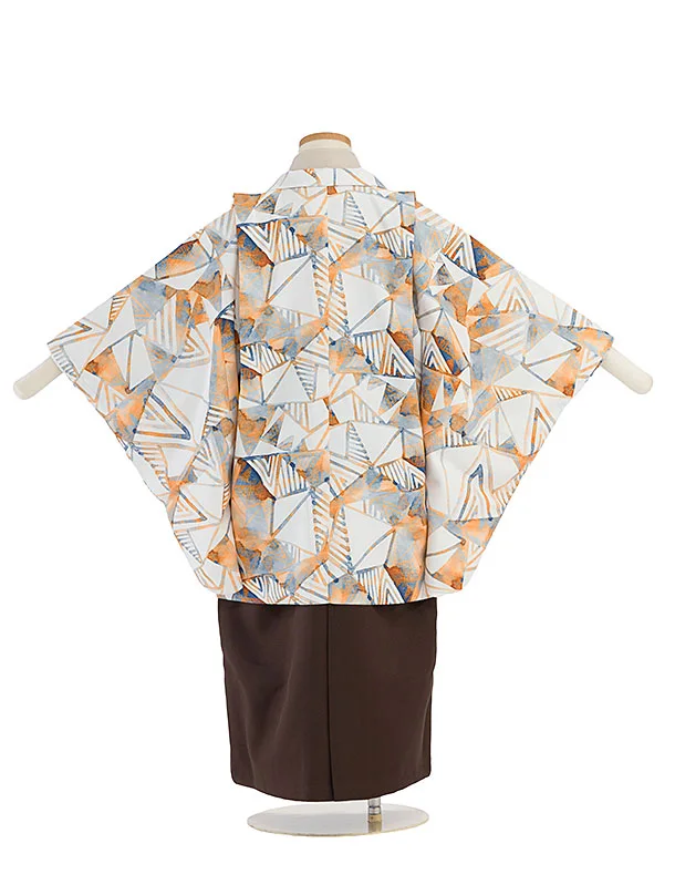 かんたん七五三(5歳男児) 0723 白地 水彩画風幾何学模様／茶色袴