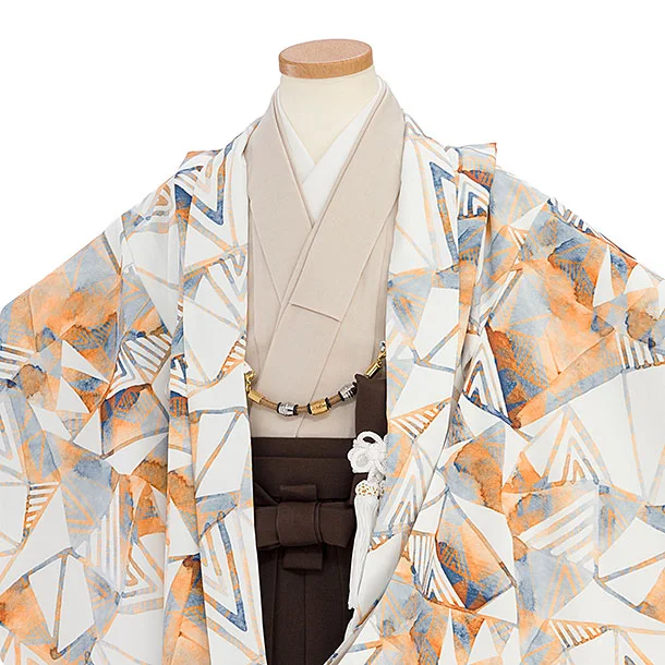 かんたん七五三(5歳男児) 0723 白地 水彩画風幾何学模様／茶色袴