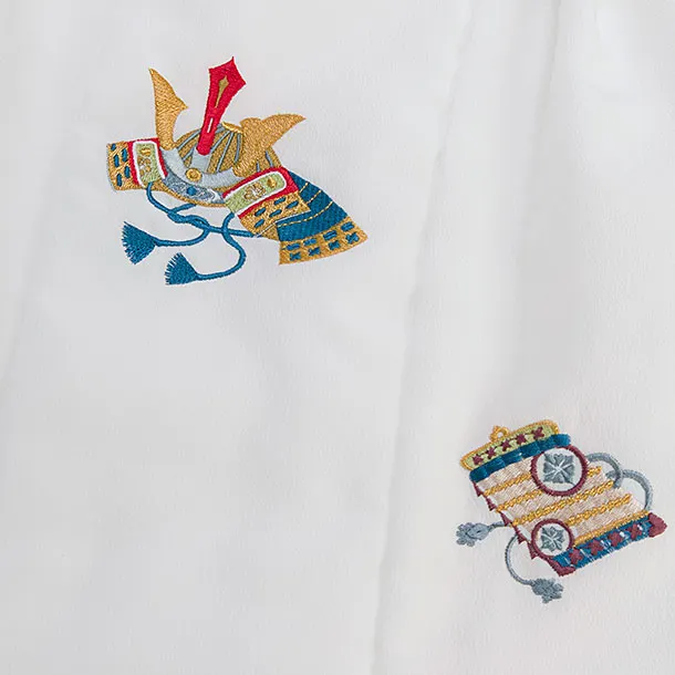 七五三レンタル(3歳男児被布) 0725 白 兜刺繍×黄紺白グレー 幾何学模様