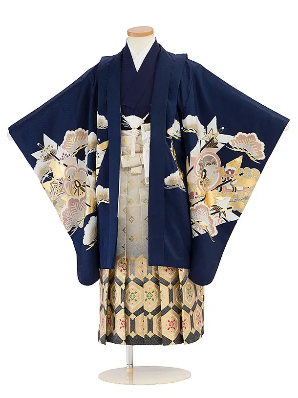 【正絹】七五三レンタル(5歳男児) 0733 紺 鷹／黒金花亀甲袴