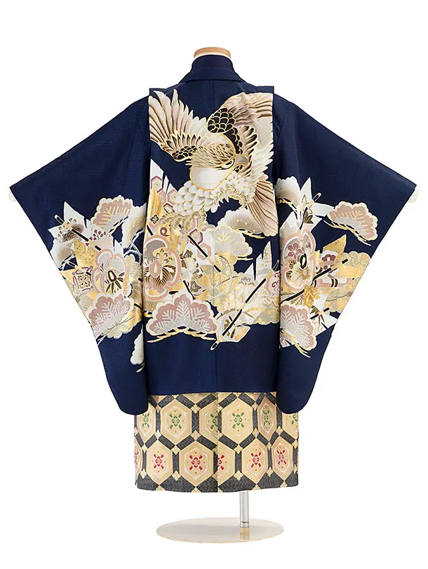 【正絹】七五三レンタル(5歳男児) 0733 紺 鷹／黒金花亀甲袴