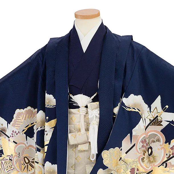 【正絹】七五三レンタル(5歳男児) 0733 紺 鷹／黒金花亀甲袴
