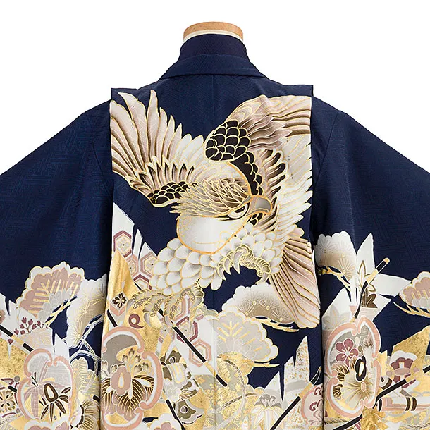 【正絹】七五三レンタル(5歳男児) 0733 紺 鷹／黒金花亀甲袴