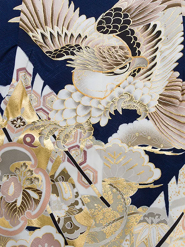 【正絹】七五三レンタル(5歳男児) 0733 紺 鷹／黒金花亀甲袴