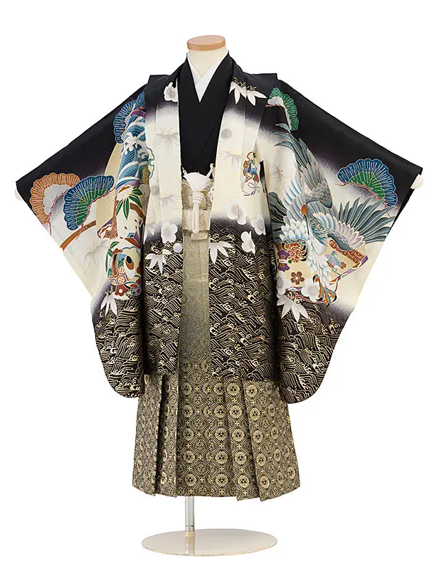 【正絹】七五三レンタル(5歳男児) 0737 黒 鷹松／金ぼかし三ツ割菊袴