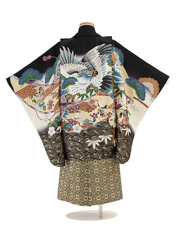 【正絹】七五三レンタル(5歳男児) 0737 黒 鷹松／金ぼかし三ツ割菊袴