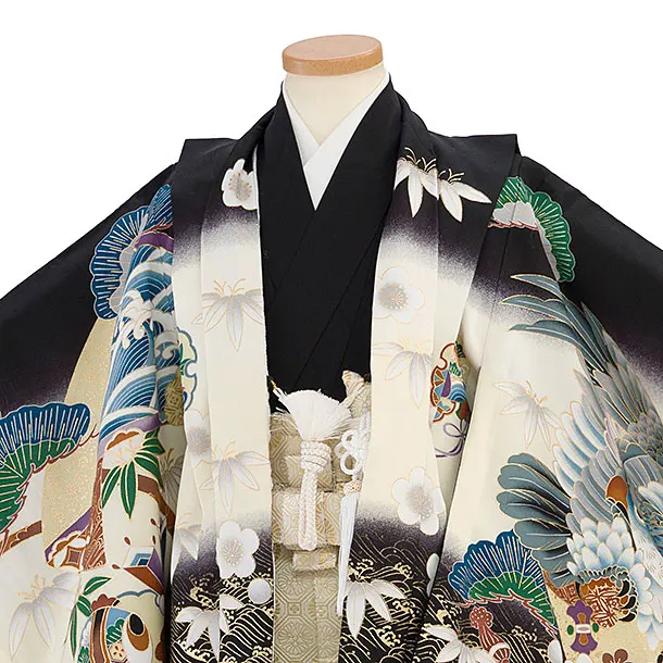 【正絹】七五三レンタル(5歳男児) 0737 黒 鷹松／金ぼかし三ツ割菊袴