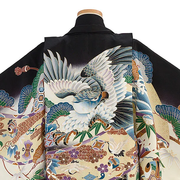 【正絹】七五三レンタル(5歳男児) 0737 黒 鷹松／金ぼかし三ツ割菊袴