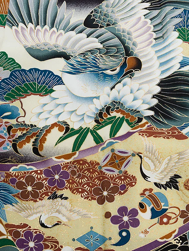 【正絹】七五三レンタル(5歳男児) 0737 黒 鷹松／金ぼかし三ツ割菊袴