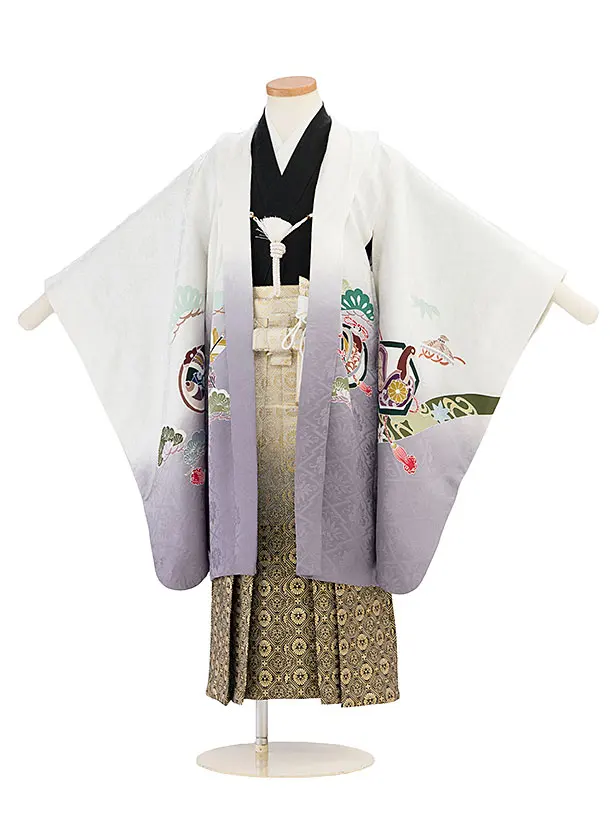 【正絹】七五三(5歳男児) 0738 白グレーぼかし 兜熨斗／金ぼかし三ツ割菊袴