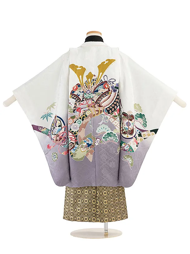 【正絹】七五三(5歳男児) 0738 白グレーぼかし 兜熨斗／金ぼかし三ツ割菊袴