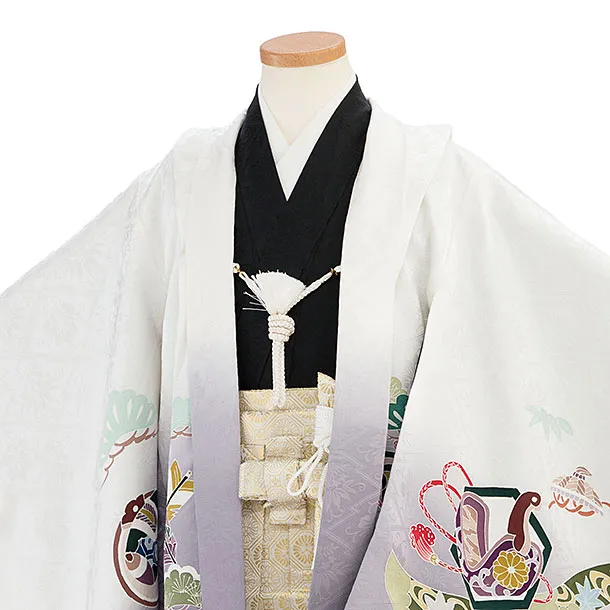 【正絹】七五三(5歳男児) 0738 白グレーぼかし 兜熨斗／金ぼかし三ツ割菊袴