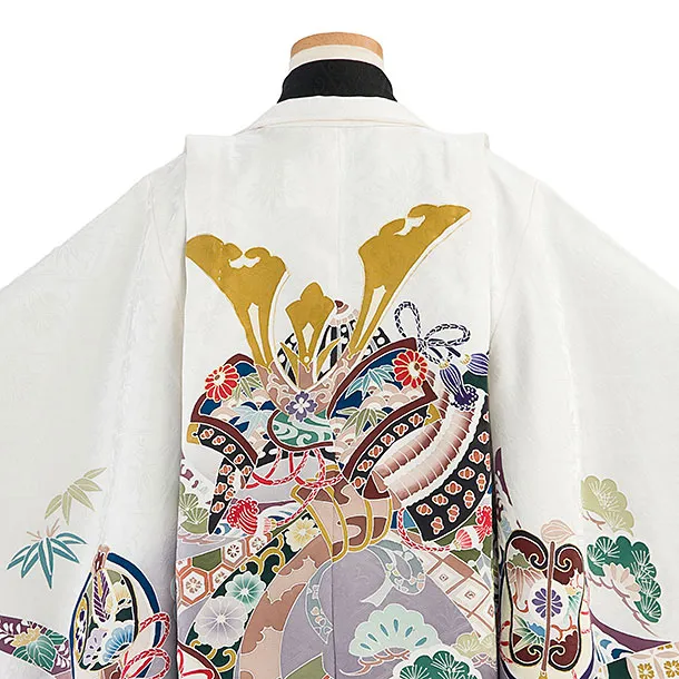 【正絹】七五三(5歳男児) 0738 白グレーぼかし 兜熨斗／金ぼかし三ツ割菊袴