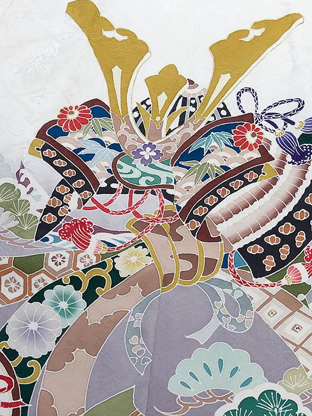 【正絹】七五三(5歳男児) 0738 白グレーぼかし 兜熨斗／金ぼかし三ツ割菊袴