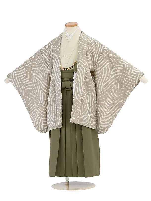 七五三レンタル(5歳6歳男児) 0739 オフホワイト リーフ柄／オリーブ袴