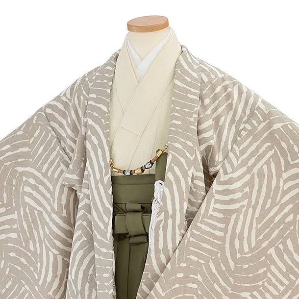 七五三レンタル(5歳6歳男児) 0739 オフホワイト リーフ柄／オリーブ袴