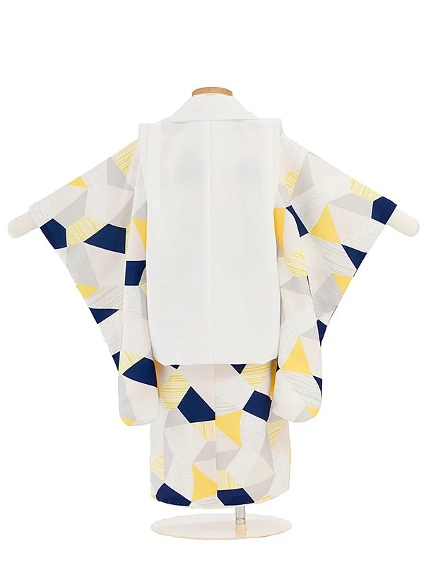 七五三レンタル(2歳3歳男児被布)0740 白 兜刺繍×黄紺白グレー 幾何学模様