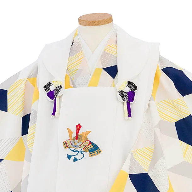 七五三レンタル(2歳3歳男児被布)0740 白 兜刺繍×黄紺白グレー 幾何学模様