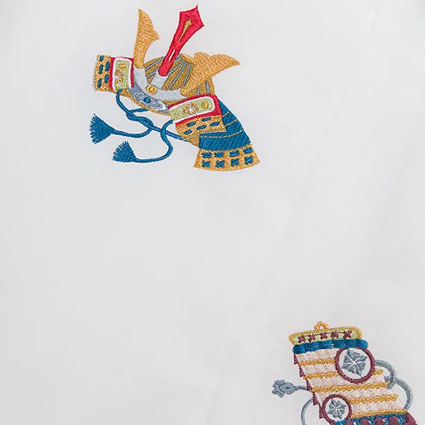 七五三レンタル(2歳3歳男児被布)0740 白 兜刺繍×黄紺白グレー 幾何学模様