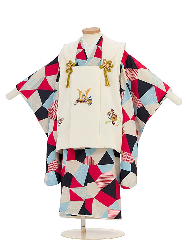 七五三(3歳男児被布) 0742 クリーム 兜刺繍×赤紺水色ベージュ 幾何学模様