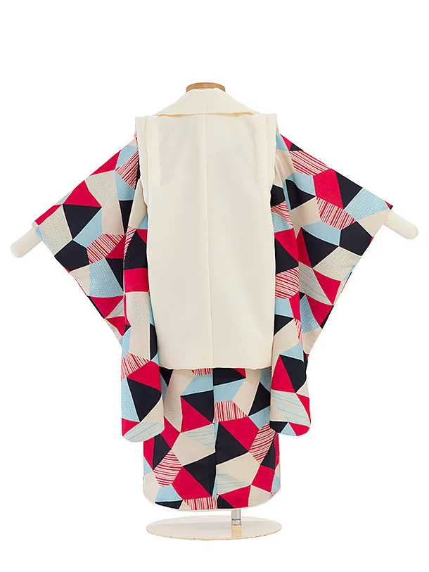 七五三(3歳男児被布) 0742 クリーム 兜刺繍×赤紺水色ベージュ 幾何学模様