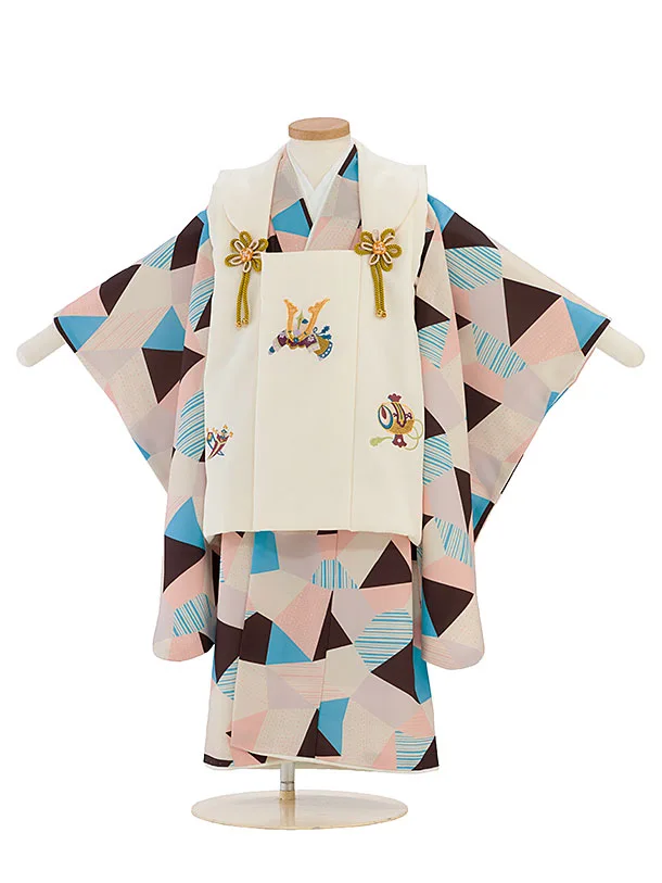 七五三(3男被布)0745 クリーム 兜刺繍×ピンクベージュ水色こげ茶幾何学模様