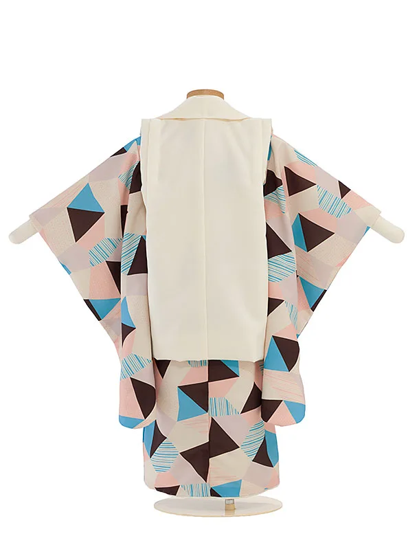 七五三(3男被布)0745 クリーム 兜刺繍×ピンクベージュ水色こげ茶幾何学模様