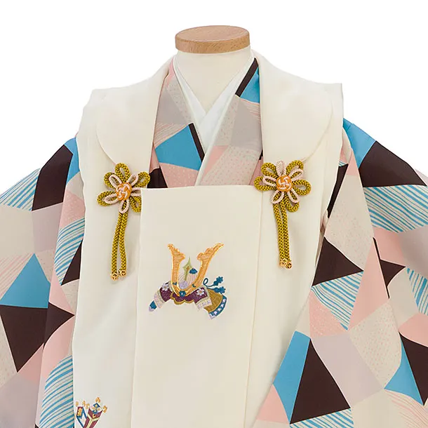 七五三(3男被布)0745 クリーム 兜刺繍×ピンクベージュ水色こげ茶幾何学模様