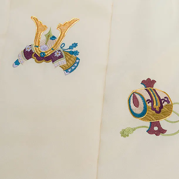 七五三(3男被布)0745 クリーム 兜刺繍×ピンクベージュ水色こげ茶幾何学模様