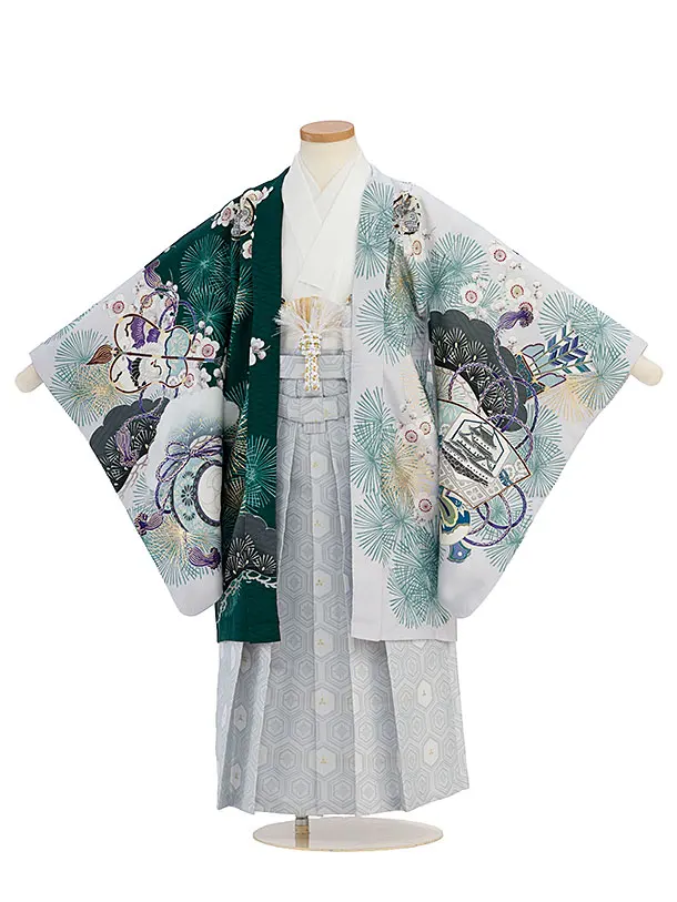 簡単七五三(5歳6歳男児)0748 華徒然／グレー×緑 片身替わり／グレー亀甲袴