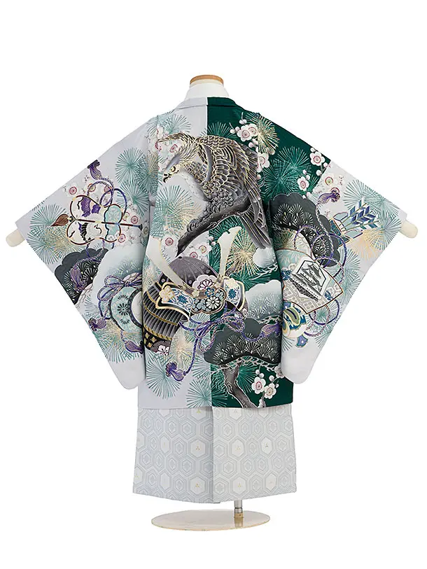 簡単七五三(5歳6歳男児)0748 華徒然／グレー×緑 片身替わり／グレー亀甲袴