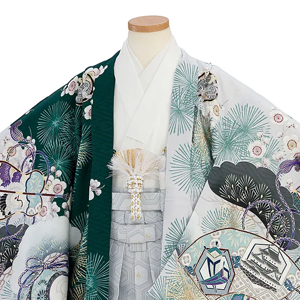 簡単七五三(5歳6歳男児)0748 華徒然／グレー×緑 片身替わり／グレー亀甲袴