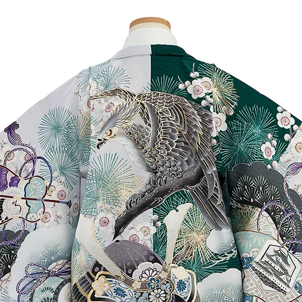 簡単七五三(5歳6歳男児)0748 華徒然／グレー×緑 片身替わり／グレー亀甲袴