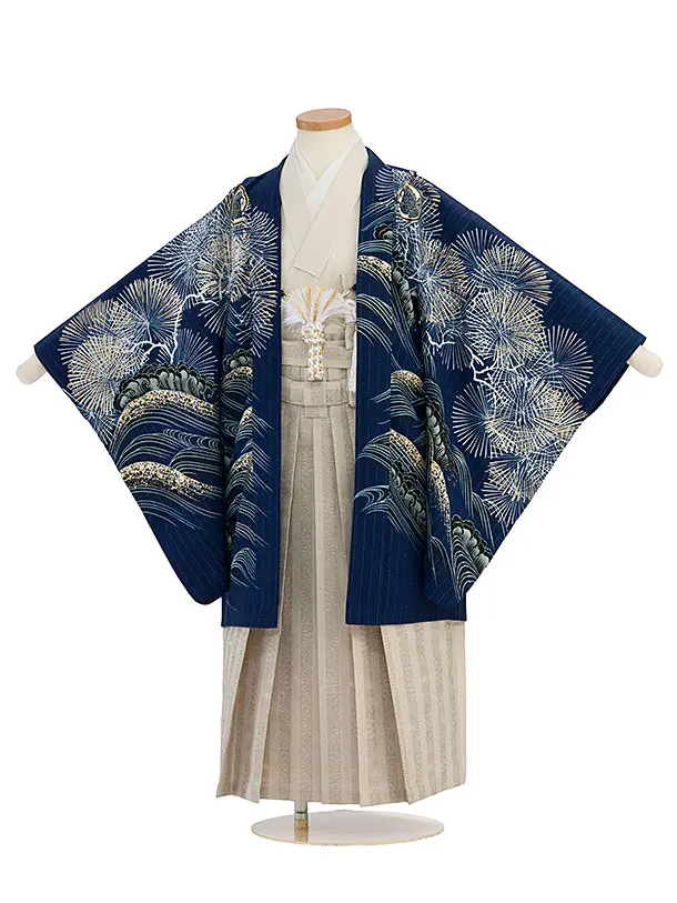 簡単七五三(5歳6歳男児)0749 京舞／紺 松丸紋に鷹／ベージュ菊ストライプ袴