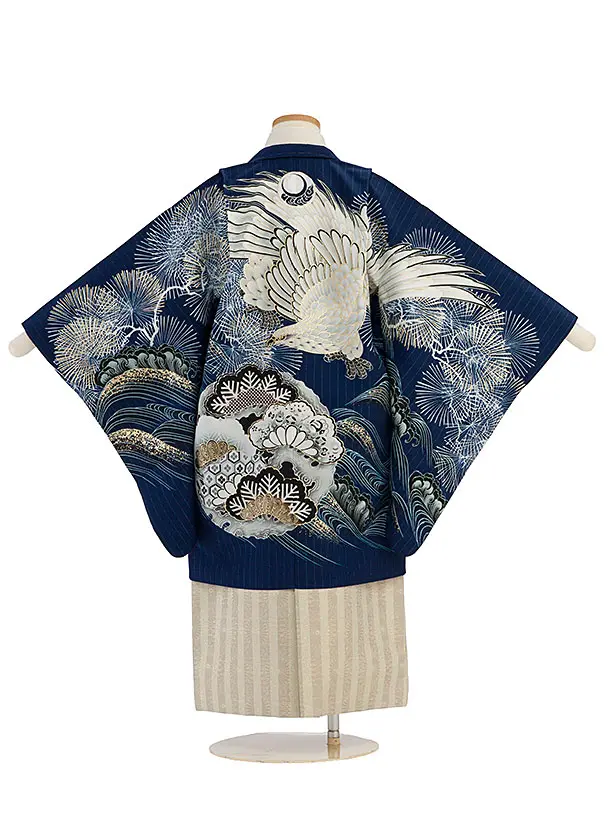 簡単七五三(5歳6歳男児)0749 京舞／紺 松丸紋に鷹／ベージュ菊ストライプ袴