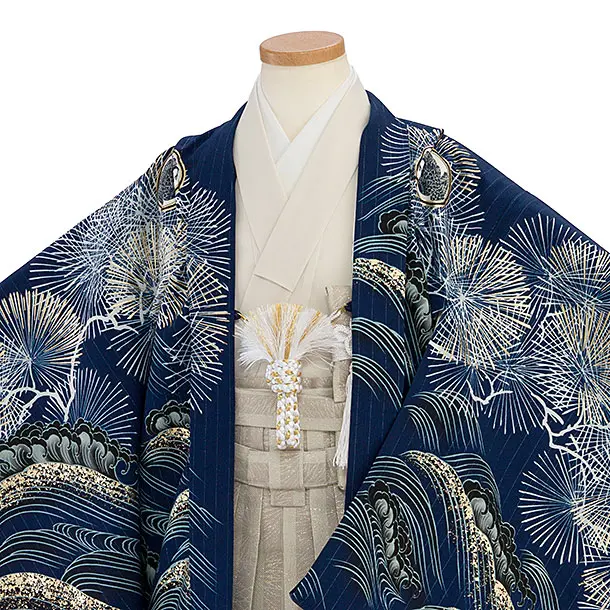 簡単七五三(5歳6歳男児)0749 京舞／紺 松丸紋に鷹／ベージュ菊ストライプ袴