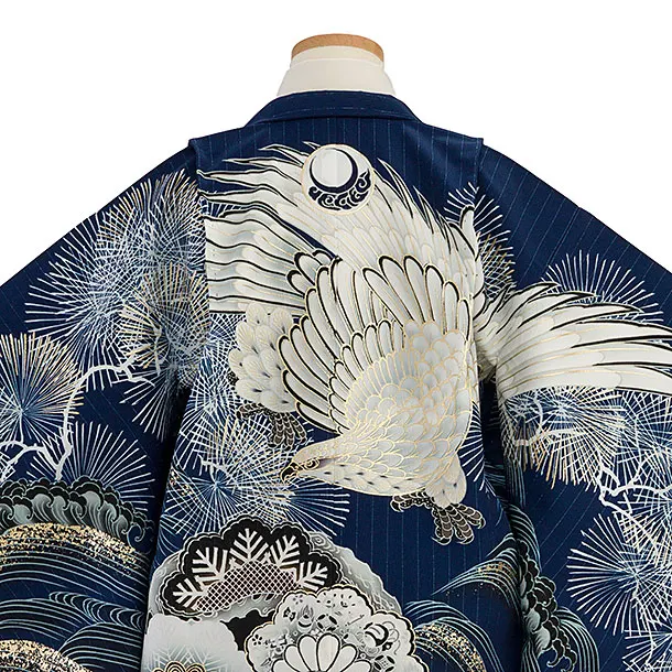 簡単七五三(5歳6歳男児)0749 京舞／紺 松丸紋に鷹／ベージュ菊ストライプ袴