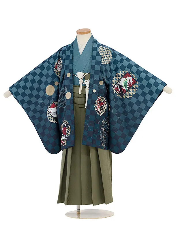 簡単七五三(5歳6歳男児) 0753 ブルーグレー 花札市松／オリーブグリーン袴