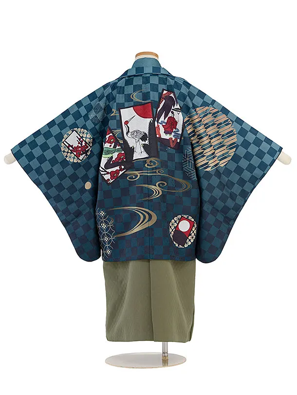 簡単七五三(5歳6歳男児) 0753 ブルーグレー 花札市松／オリーブグリーン袴